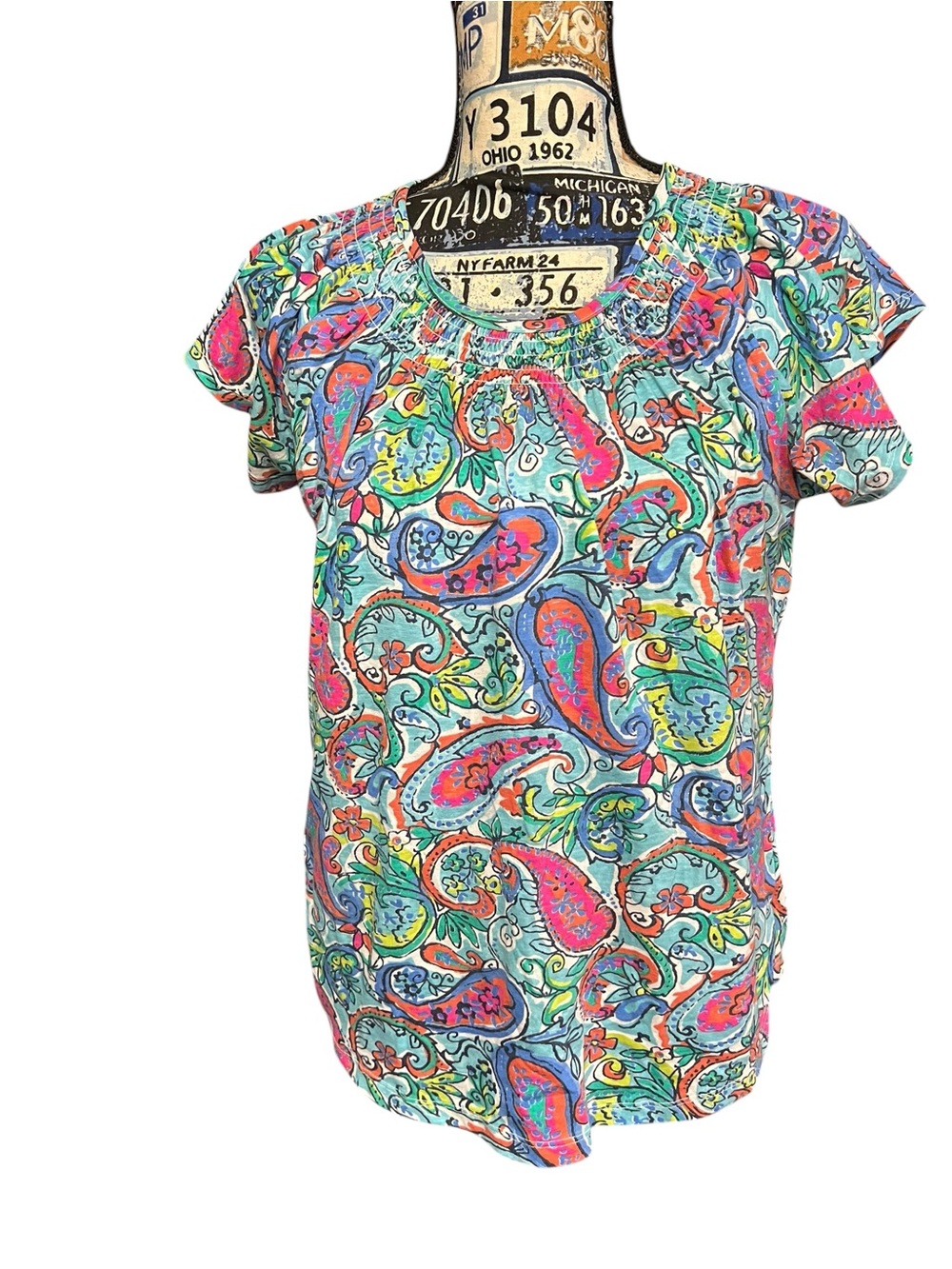 Multi Color Paisley Short Sleeve Preppy Beach Boho Lightweight Blouse Sz L